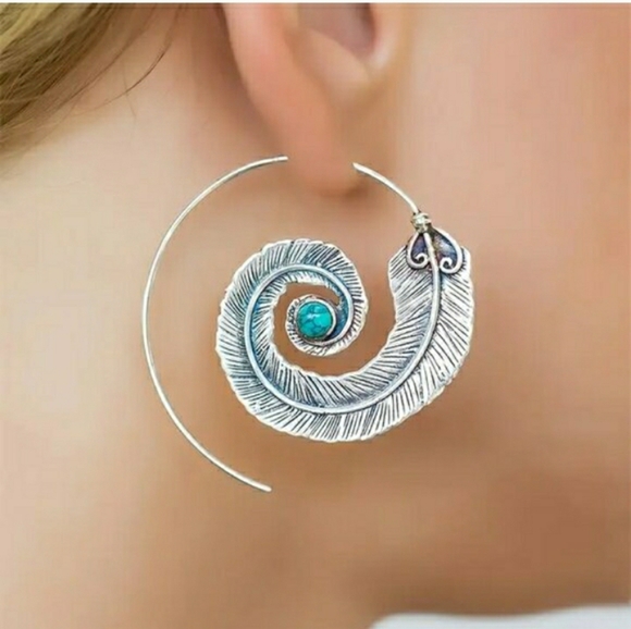 Boho Hoop Earrings Silver Turquoise Feather Spiral Southwestern  NWT - Picture 4 of 8